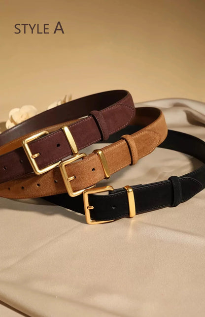Luxury Suede Cowhide Leather Belt for Women, Vintage Style with Gold Buckle, 3.3cm Wide Waistband for Dresses & Jeans