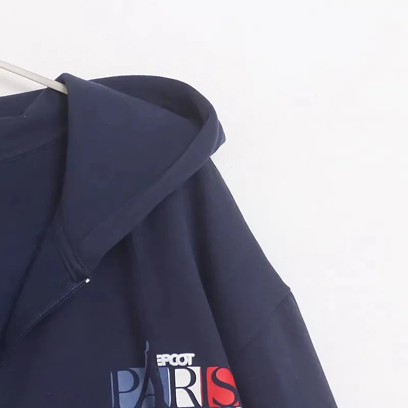 Mickey Mouse Paris Letter Cartoon Print Fleece Sweatshirt Fashion Unisex Women Pockets Hooded Zip Up Jumper Tops