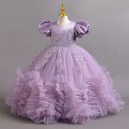 Vestidos elegantes para meninas, vestidos de verão para casamento, vestidos de lantejoulas com saia bufante de rede, vestidos de festa de aniversário para crianças de 4 a 12 anos.