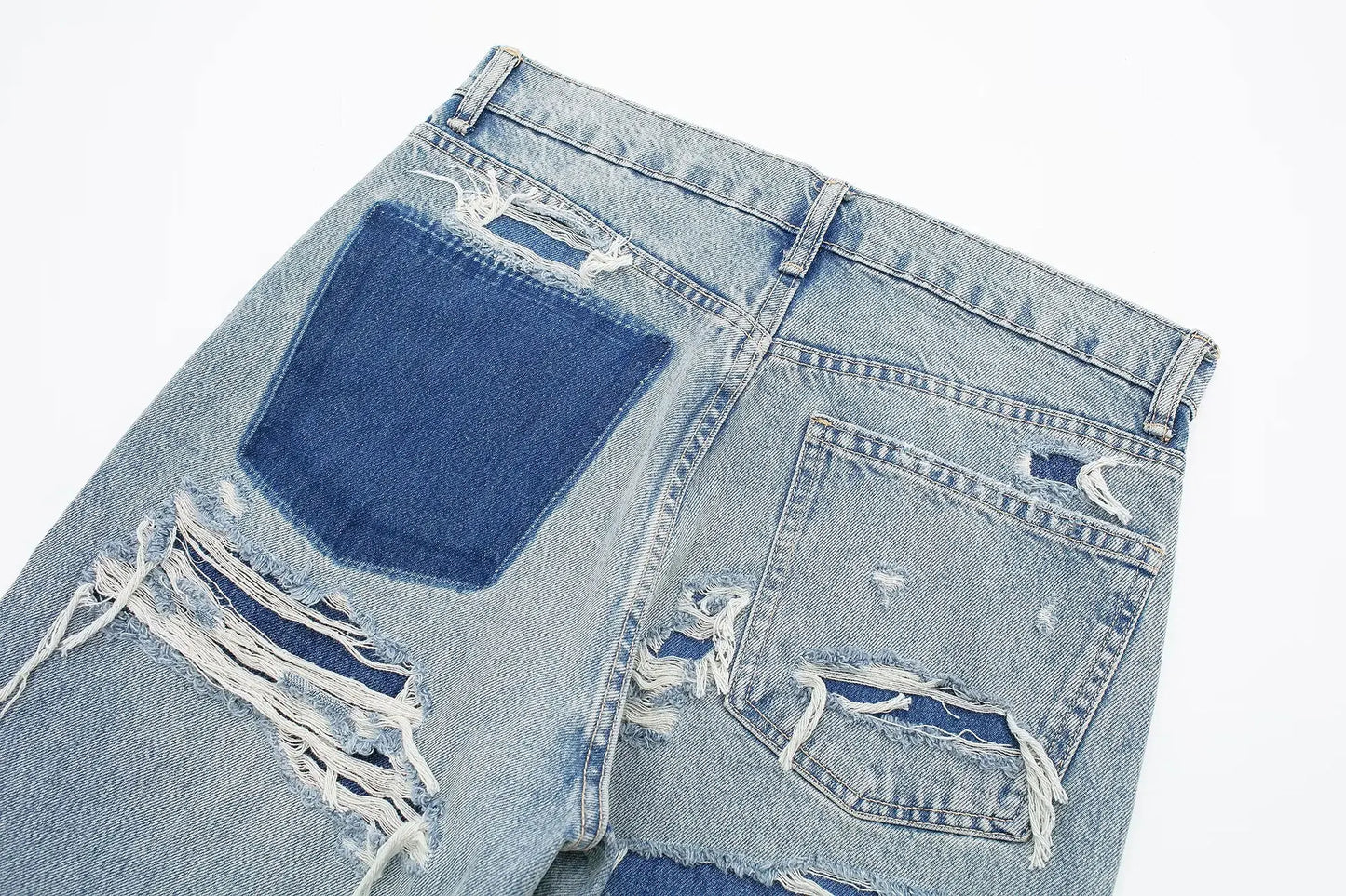 Women's Street Fashion Denim Blue Jeans Distressed Patchwork High Waist Zipper Fly Ripped Retro Long Pants