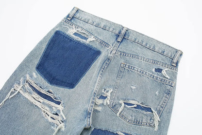 Women's Street Fashion Denim Blue Jeans Distressed Patchwork High Waist Zipper Fly Ripped Retro Long Pants