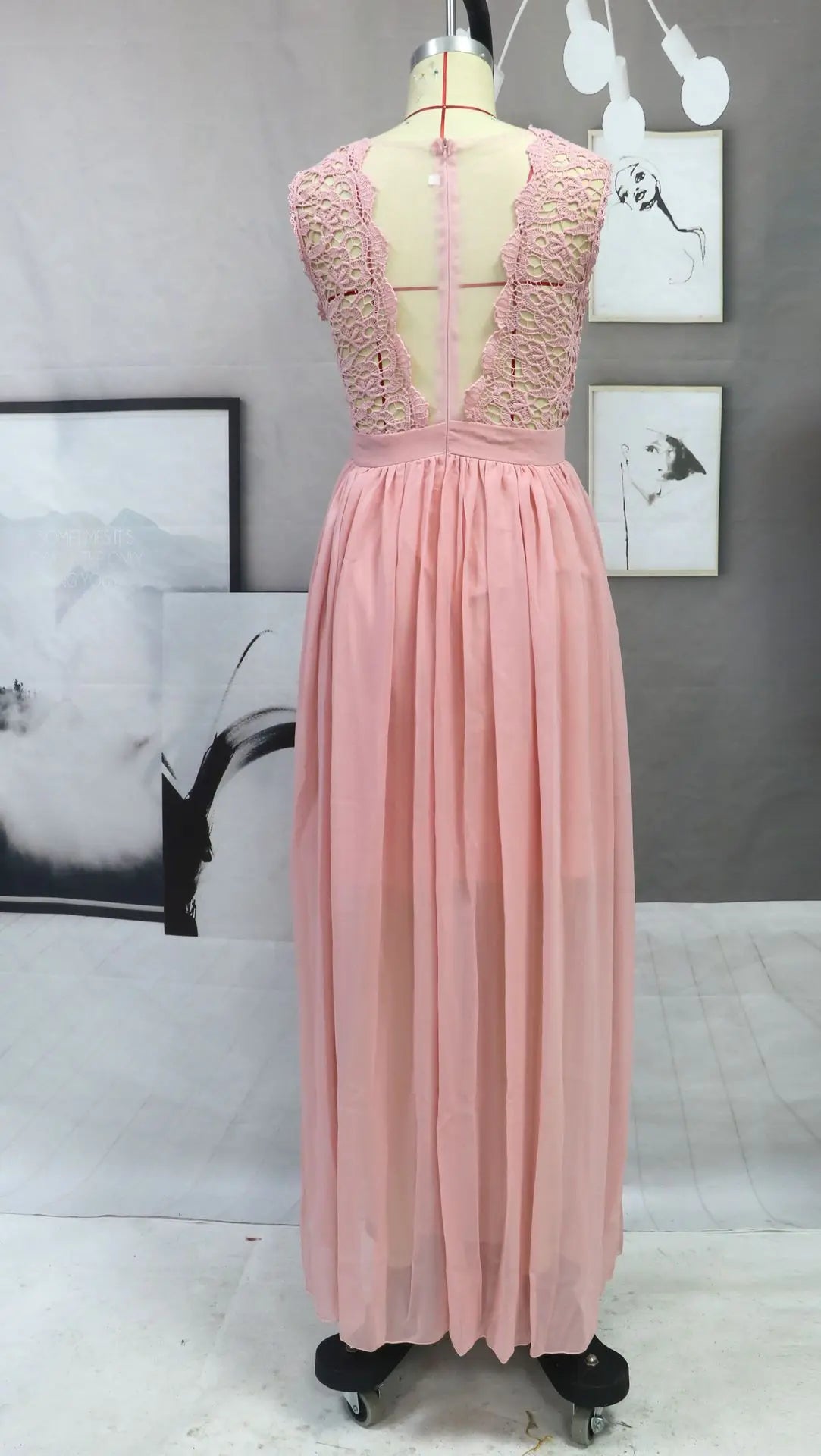 Classic Women Pink Bridesmaid Dresses Elegant Lace Chiffon A Line Illusion Back Maxi Formal Wedding Gust Gowns Formal Evening