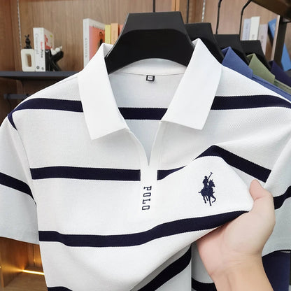 2026 New Summer Men's Striped Polo Shirt with Collar and Short Sleeve Casual T-shirt for Men