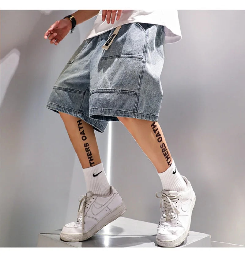 Fashion Casual Denim Shorts Men's Trend Ins Youth Pop Summer Wear Japanese Gothic Hip Hop Loose Casual Cargo Five Quarter Pants