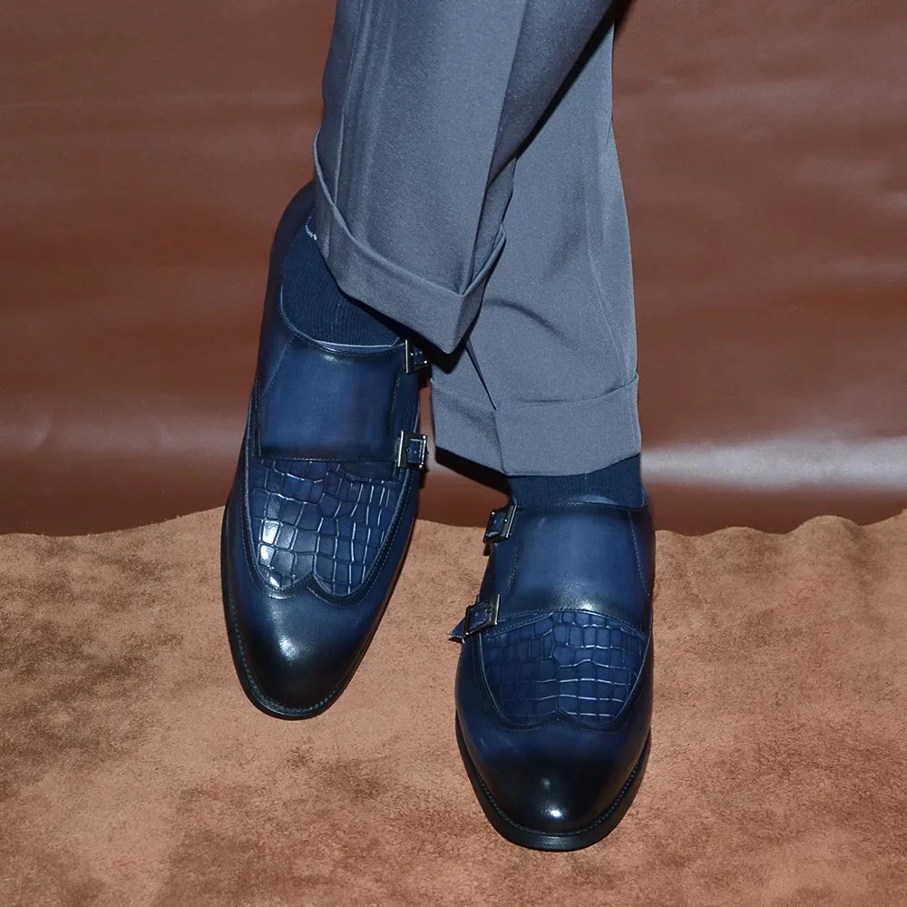 Classic Men's Genuine Leather Dress Shoes Double Buckle Monk Strap Wingtip Crocodile Print Business Office Formal Footwear Man