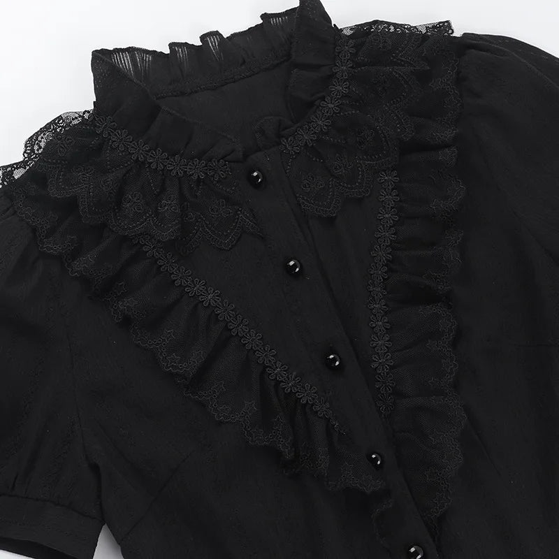 Cotton Shirts Women Vintage Gothic Black White Jacquard Short Sleeve Blouses Elegant Office Lady Y2k Tops