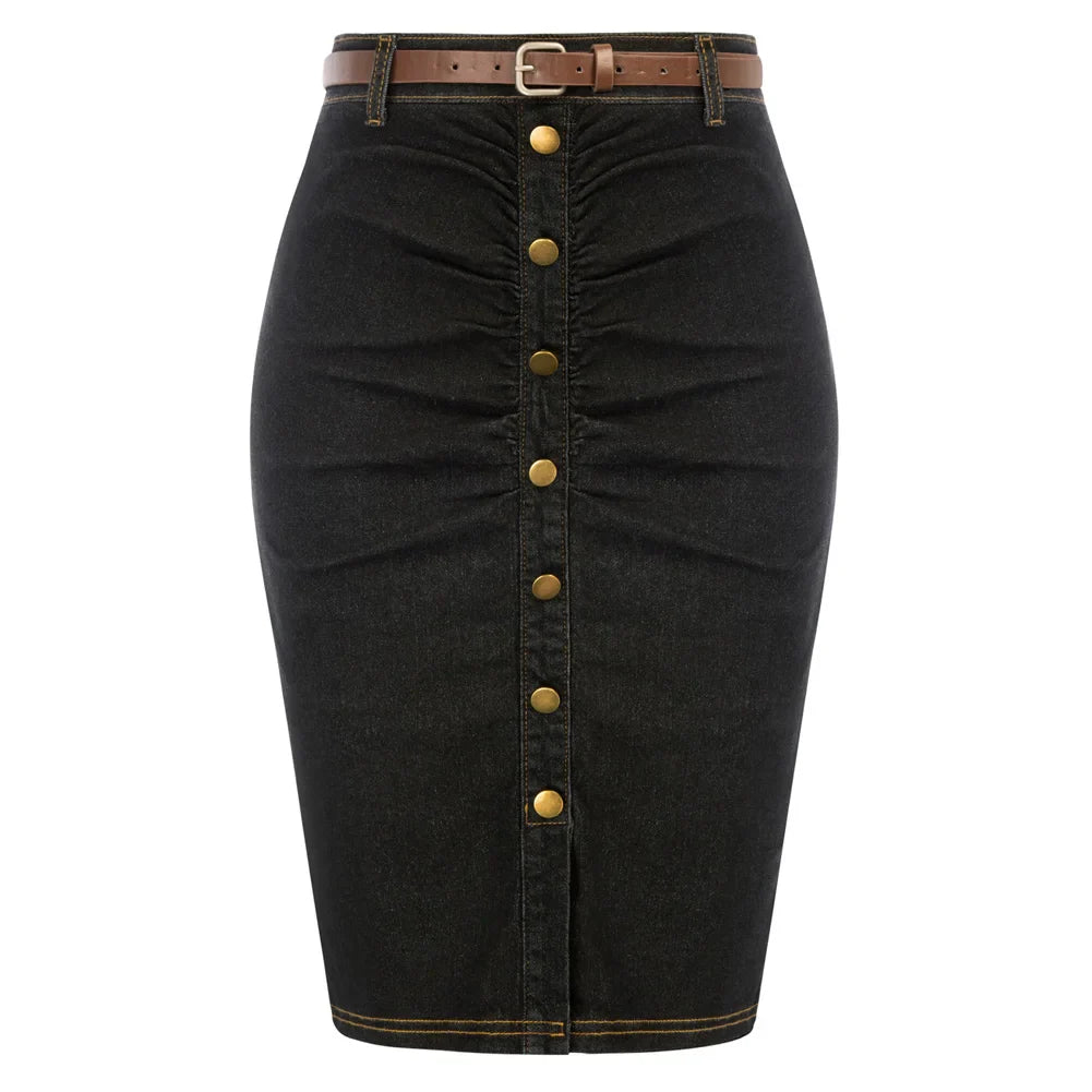 BP Women Vintage Jean Skirt With Belt High Waist Ruched Front Bodycon Skirt