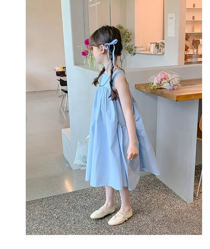 Summer Junior Girl Sleeveless Dress Solid Side Big Pockets Blue Ruched Dress For 2-10Y Girls Casual Round Collar Baby Girl Dress