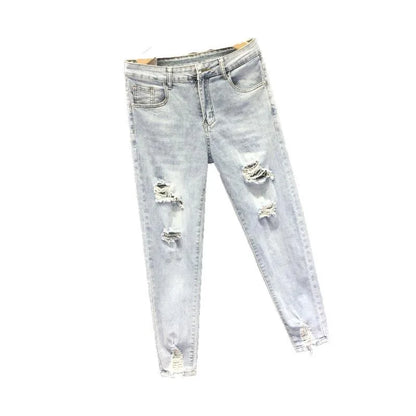 2023 Spring and Autumn New Men's Fashion Solid Color Ripped Jeans Men's Casual Comfort Elastic High-Quality Small Foot Pants