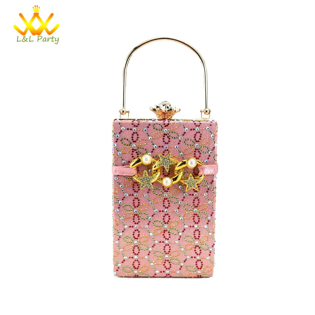 Low Heels Comfortable Sweet Style Italian Design Shoes Matching Bag Set in Orange Color High Quality with Crystal for Dress