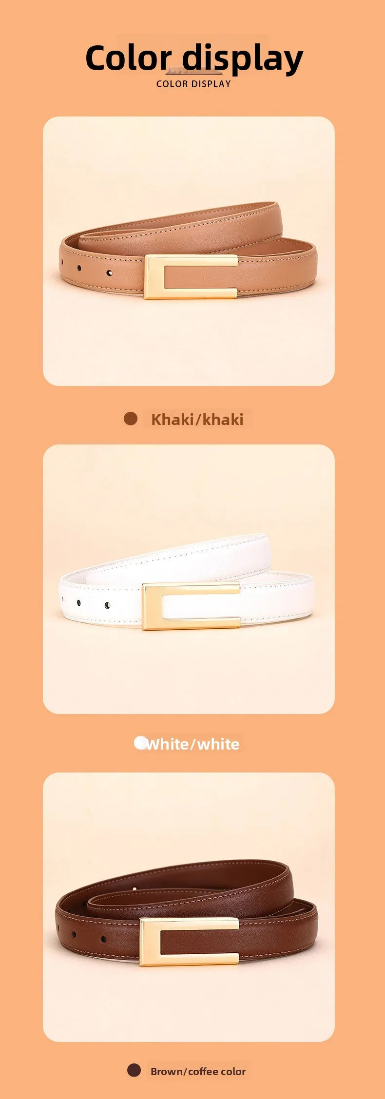Genuine leather belt for women; cowhide fashion waist belt; versatile smooth buckle; 2025 dress decoration belt for