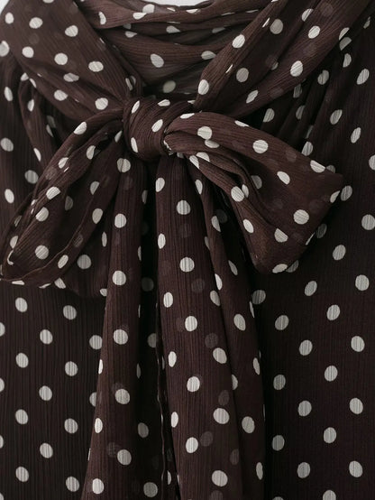 New Women Bow Collar Blouse Vintage Polka Dot Printed Loose Tops Fashion Elegant Spring Long Sleeve Commuting Shirts