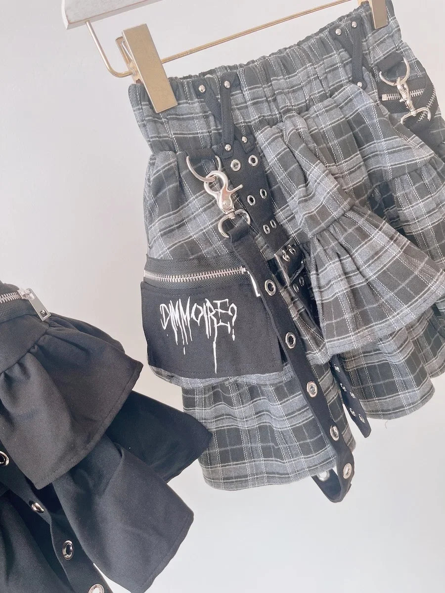 Japanese Style Mine Harajuku Punk Metal Buckle with Packet Decorative Ruffled Short Skirt Sweet Cool Girl Women's Plaid Skirt
