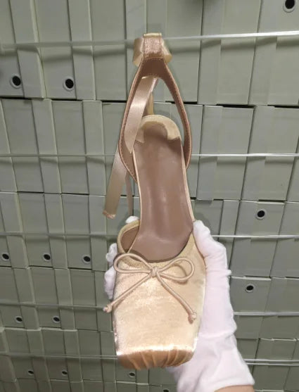 New style high heels with straps, satin toe cover, hollow square bow, thin heel, ballet style single shoes35-46