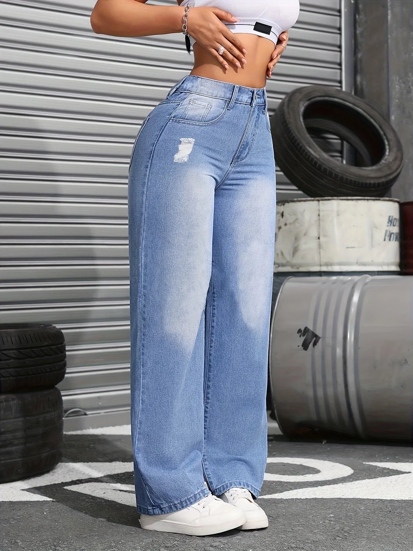 High-Waist Elastic Zipper Casual Jeans Torn Straight Leg Wide Pants
