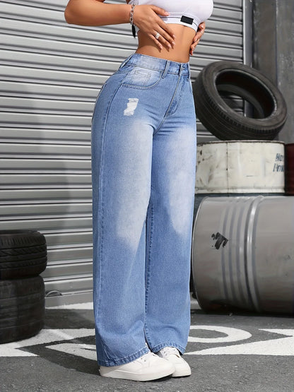 High-Waist Elastic Zipper Casual Jeans Torn Straight Leg Wide Pants