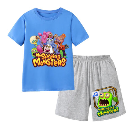 Summer Kids Cartoon Print Sport Clothing Suit Monsters Boys Casual Outfits Children Breathable T Shirt Pocket Shorts 2 Piece Set