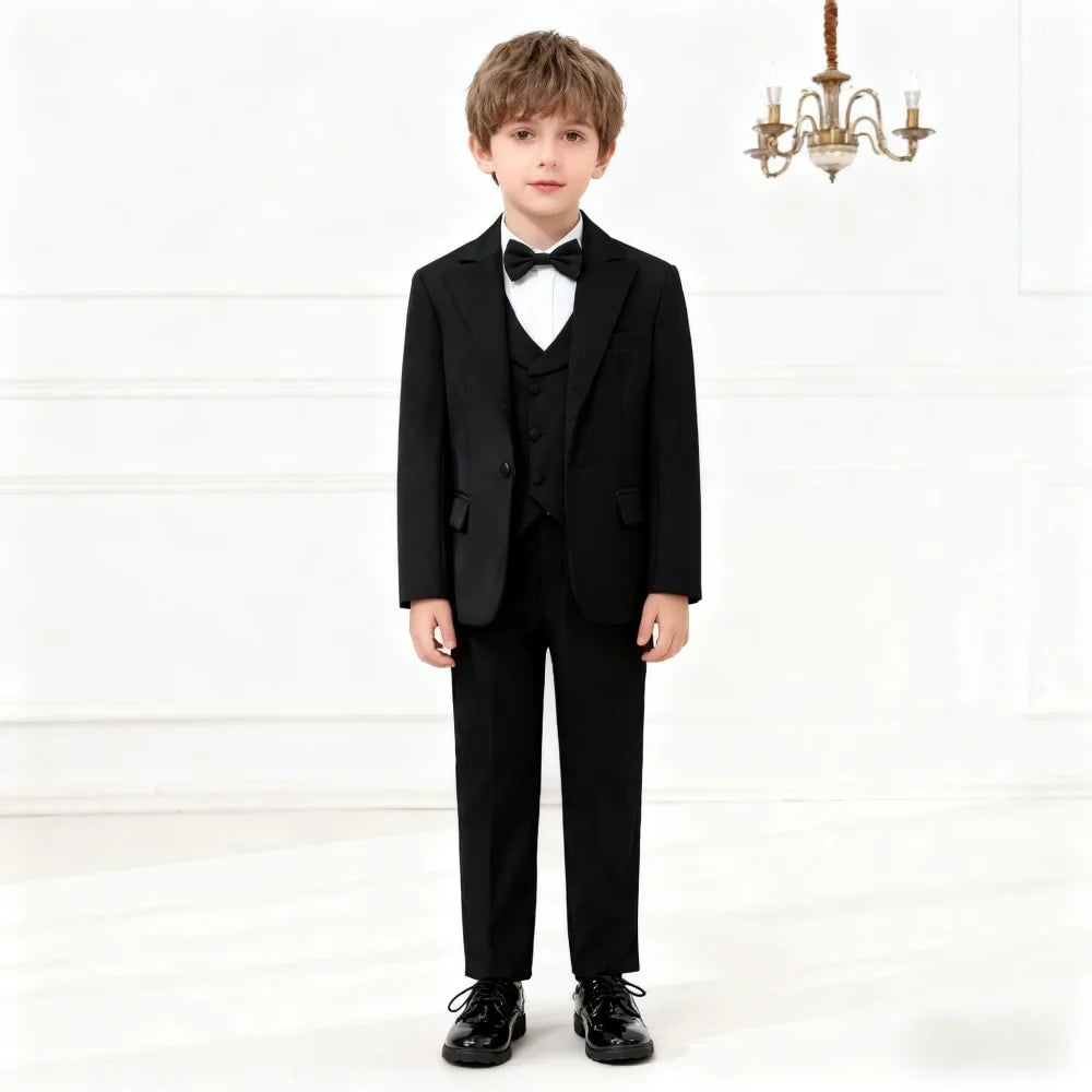 Boys Black Slim Formal Tuxedo Set Jacket Vest Pants Bow Tie Christmas Wedding Performance Wear for Kids Teens Ages 2-16
