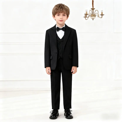 Boys Black Slim Formal Tuxedo Set Jacket Vest Pants Bow Tie Christmas Wedding Performance Wear for Kids Teens Ages 2-16