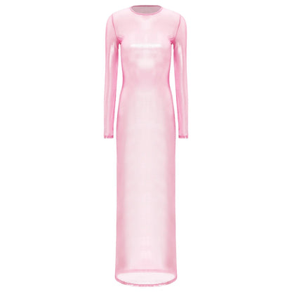 Womens Shiny Metallic Sheer Long Dress See Through Long Sleeve Bodycon Maxi Dress Cover Ups Rave Party Night Club Wear Underwear