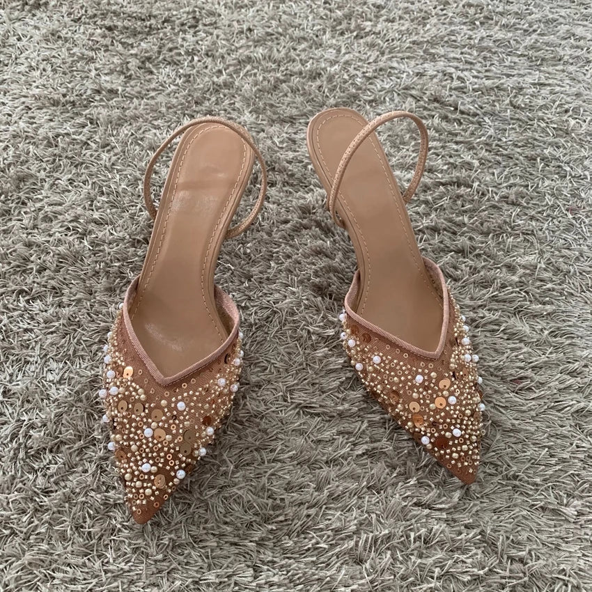 Luxury Fashion Bling String Bead Mesh High Heels Women Sexy Pointed Toe Breathable Heeled Sandals Elegant Slingbacks Women Pumps