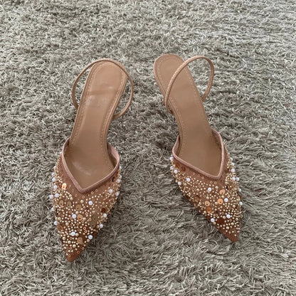 Luxury Fashion Bling String Bead Mesh High Heels Women Sexy Pointed Toe Breathable Heeled Sandals Elegant Slingbacks Women Pumps