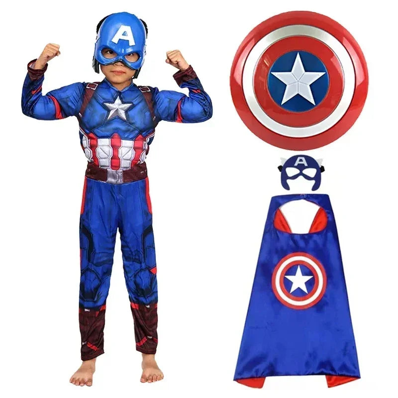 Captain America Muscle Costume Cosplay Superhero Captain America Muscle Jumpsuit Shield Halloween Carnival Party Costume for Kid