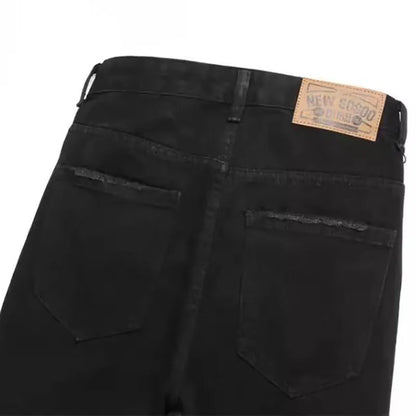 Autumn And Winter Retro Black Ripped Jeans Men'S Straight Leg Pants Pentagram Patch Casual Jeans Pants