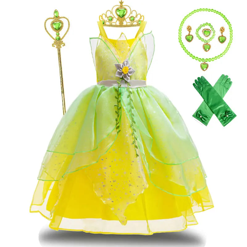 Fairy Tale Princess Costume for Girl Dressy Floral Ball Gown Princess and Frog Cosplay Tiana Halloween Apparel Green Dress 2-10Y