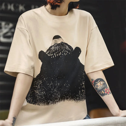 Oversized Bear Print Short Sleeve T-Shirt Women's Summer Apricot Loose Fit Ribbed Crew Neck Tee Cute Casual Street Tops