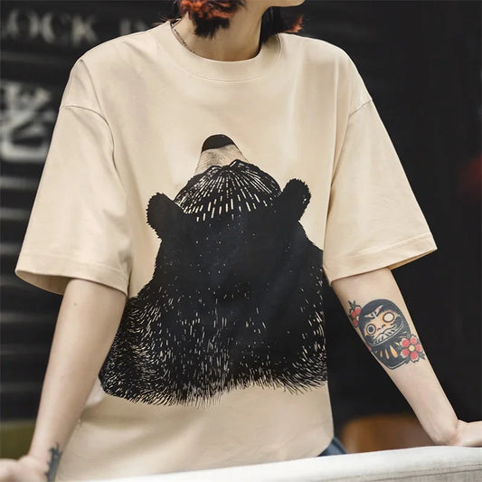 Oversized Bear Print Short Sleeve T-Shirt Women's Summer Apricot Loose Fit Ribbed Crew Neck Tee Cute Casual Street Tops