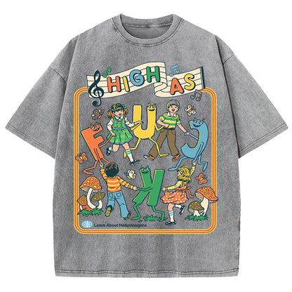 Happy Playing Children Pattern Retro T-Shirt Men Summer Soft Clothing Trendy Crewneck Washed Tops Oversize Cotton Streetwear