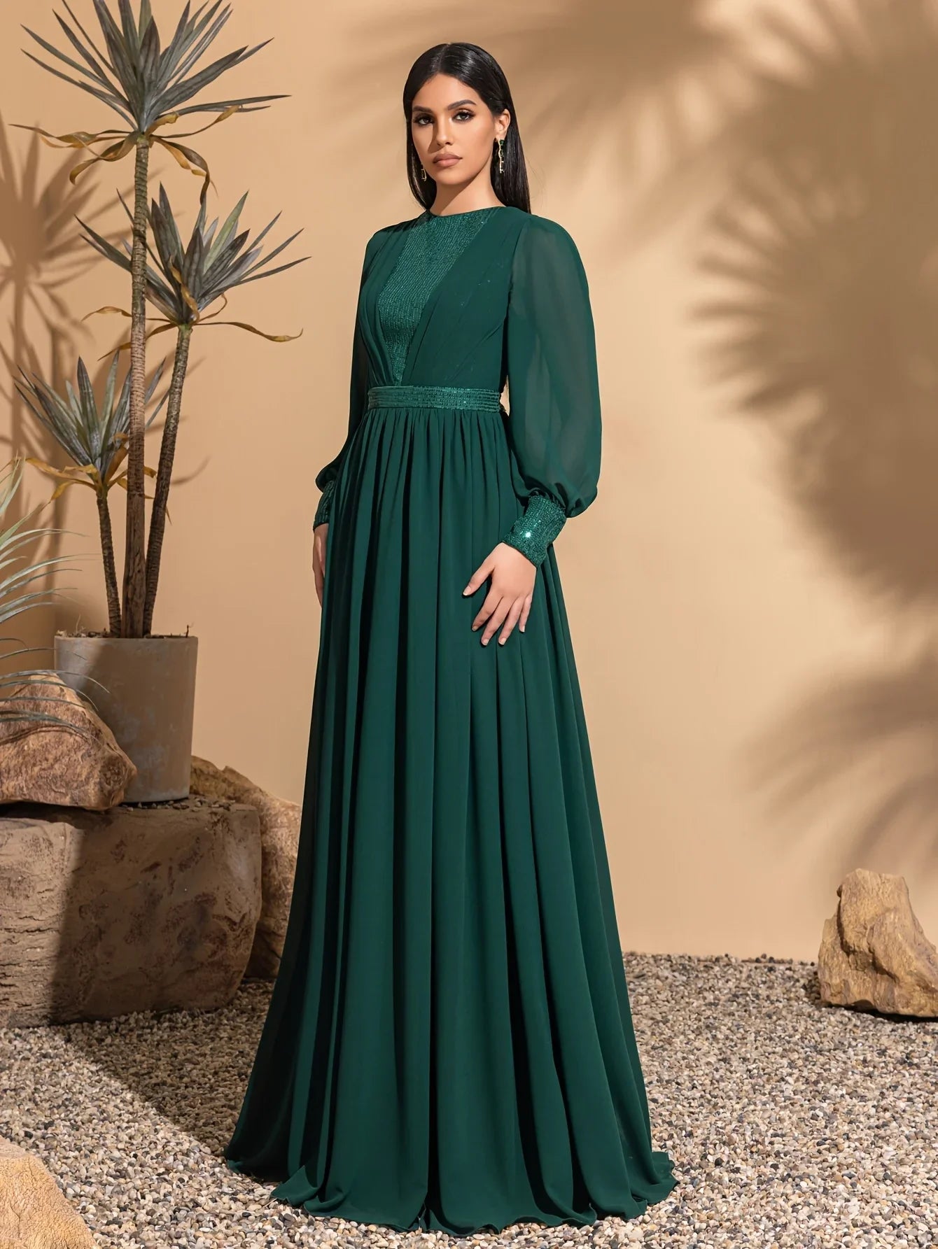 Long sleeve mesh sequins stitching elegant party dress, ladies maxi dress, party dress