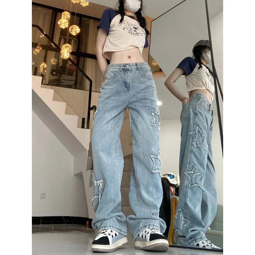 High Street Jeans Design Embroidery High Waist Thin Wide Leg Trousers