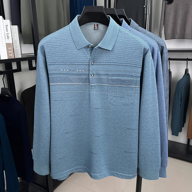 High quality striped printed long sleeve polo shirt men's fashion light luxury pocket autumn new business casual lapel T-shirt