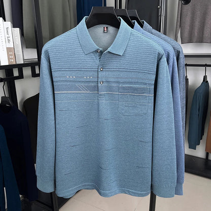 High quality striped printed long sleeve polo shirt men's fashion light luxury pocket autumn new business casual lapel T-shirt