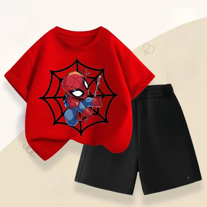 2026 Marvel Boys Casual Outfits Children Breathable T Shirt Shorts Two Piece Set Summer Kids Cartoon Print Sport Clothing Suit