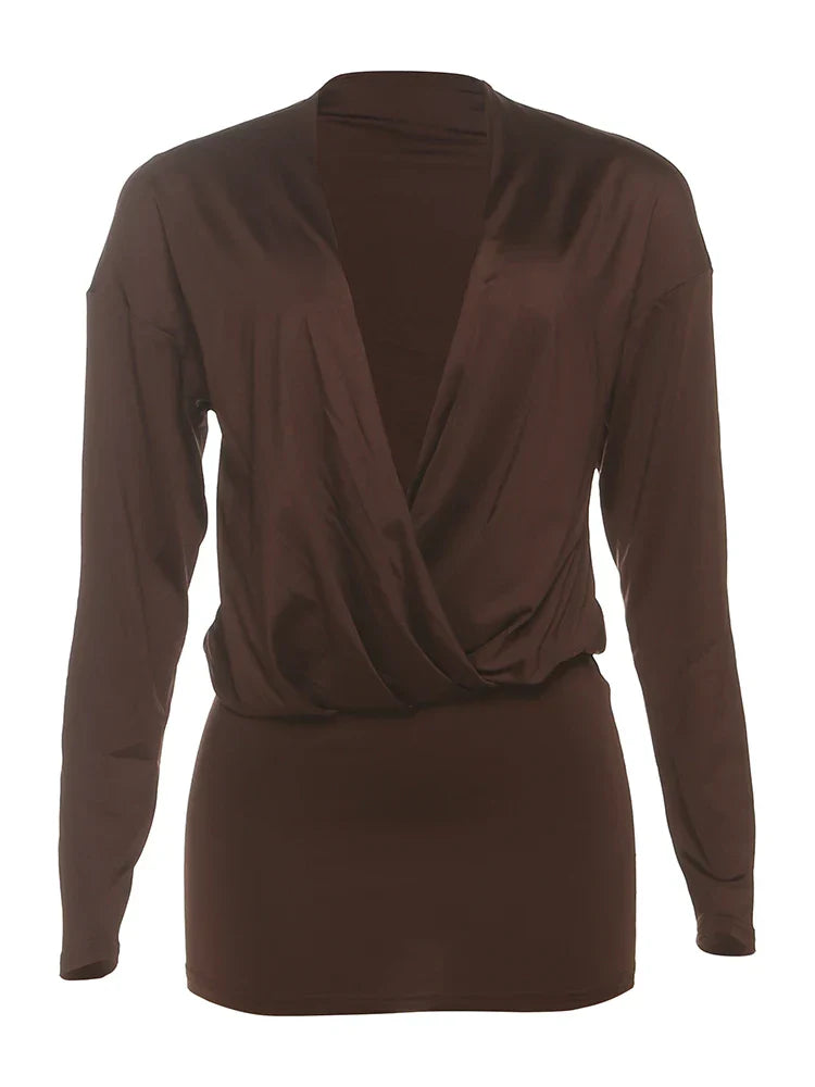 Cross Deep V-Neck Dress Women Full Sleeve Stretch Solid Midnight Street Clubwear Party Autumn Trend Elegant Mini Bodycon