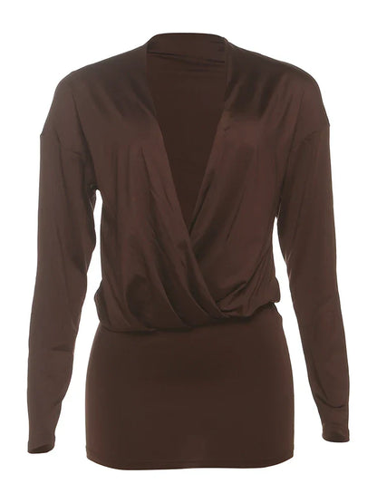 Cross Deep V-Neck Dress Women Full Sleeve Stretch Solid Midnight Street Clubwear Party Autumn Trend Elegant Mini Bodycon
