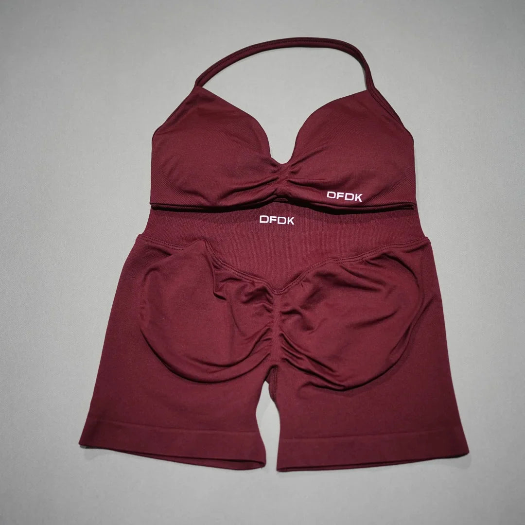 Women 2PCS Fitness Sports Set Lace Up Yoga Bra High Waist Short Leggings Seamless Cycling Running Workout Activewear
