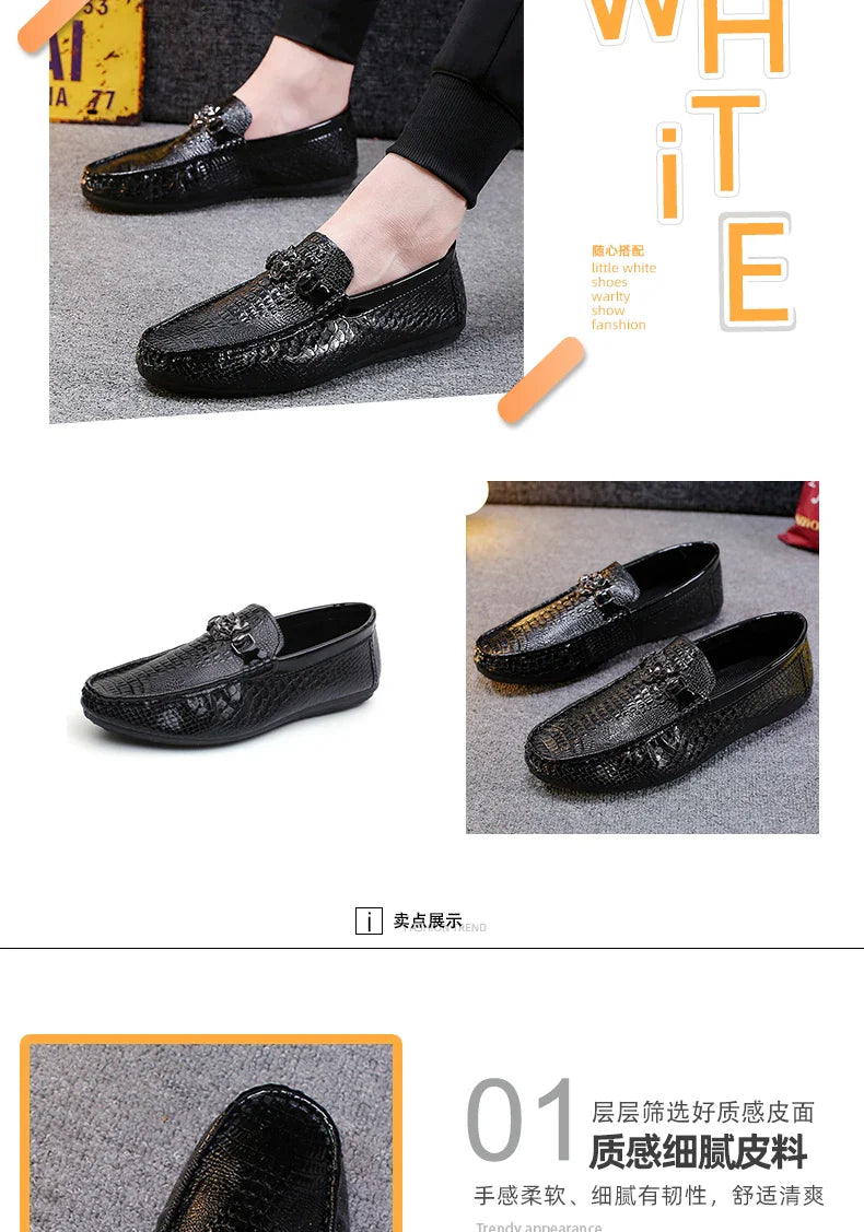 Sapatos Masculinos de Couro com Contas Estilo Britânico Outono Pretos Casuais para Homens Coreanos Preguiçosos Slip-on Sola Macia Mocassins de Condução Modernos