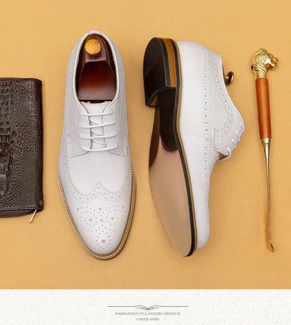 Luxury Men's Dress Shoes Genuine Leather Brogue Wingtip Toe Oxford White Lace-Up Business Wedding Formal Men Shoes