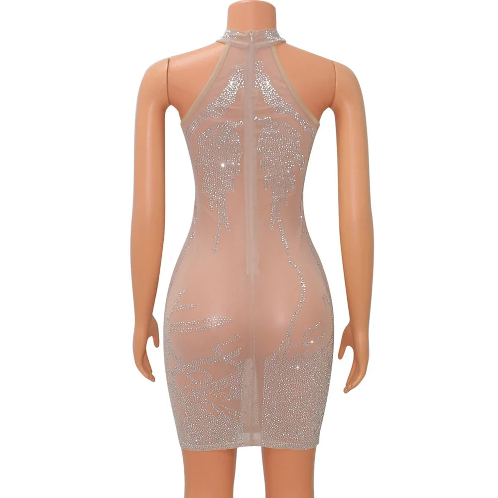 Sexy Mesh Rhinestone Short Prom Evening Mini Dress See Through Outfits Luxury For Women Night Club Party Diamond Bodycon Dresses