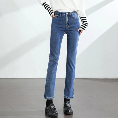 Calças Jeans Femininas de Inverno Quentes de Lã Retrô Elásticas Grossas Confortáveis Retas Modernas Coreanas Casuais de Veludo Denim