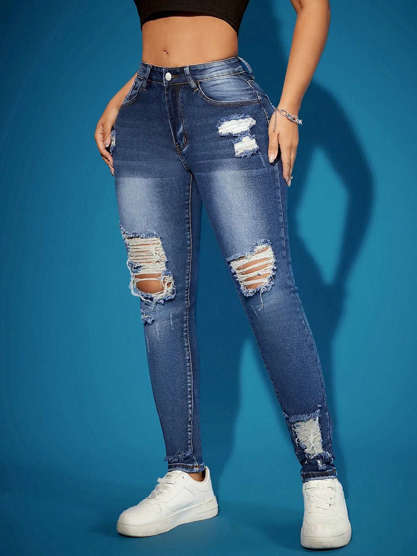 Calça Jeans Feminina Super Elástica Destruída Cintura Alta com Controle de Barriga Preta Rasgada Vintage Boate Moda Vendas Quentes
