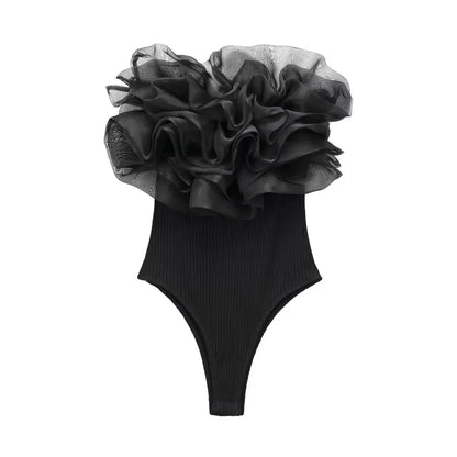 Women Fashion Ribbed Bodysuit With Organza Ruffle Vintage High Elastic Sexy y2k Female Chic Lady Tops body femme