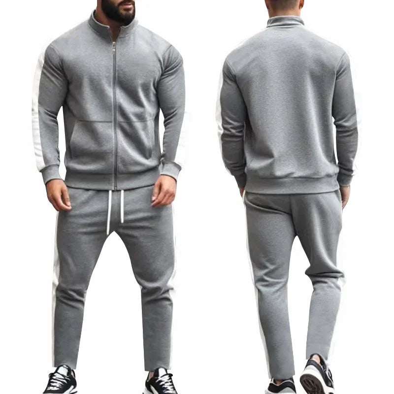 2025 Spring Autumn Men's 2-Piece Set Color Blocking Zipper Stand Collar Casual Sports Jacket Sweatshirt Trousers Suit