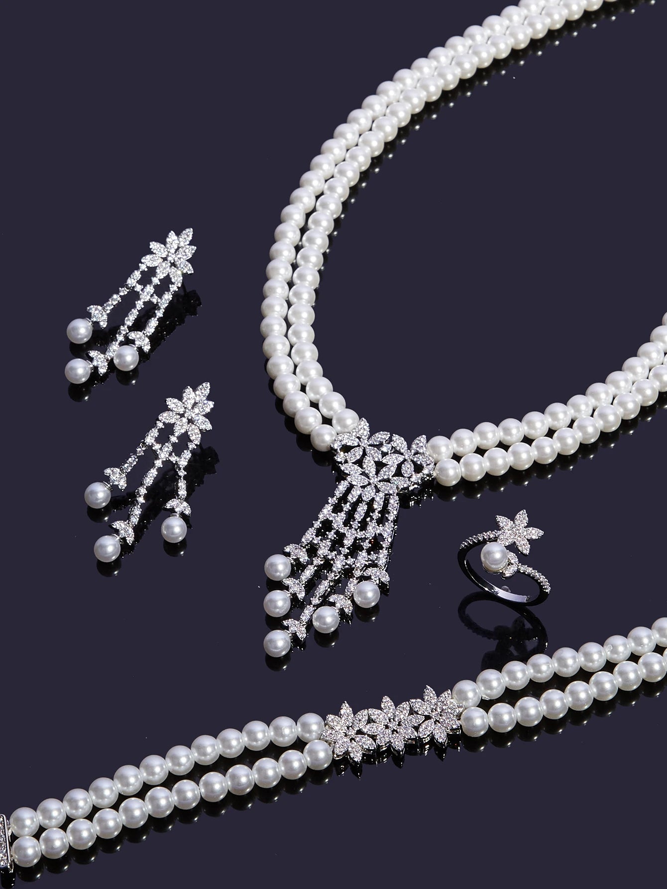 Trendy Pearl Tassel Necklace 4PCS Jewelry Set For Women Wedding Party Full Zircon Dubai Bridal Jewelry Set Gift
