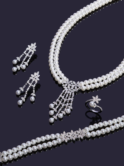 Trendy Pearl Tassel Necklace 4PCS Jewelry Set For Women Wedding Party Full Zircon Dubai Bridal Jewelry Set Gift