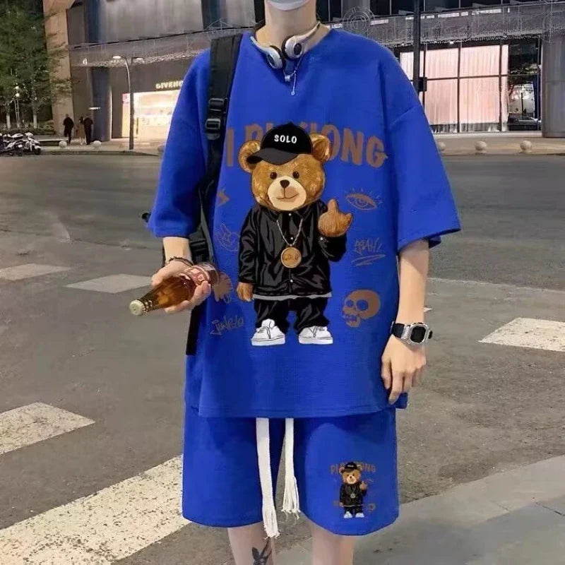 Little Bear Short sleeved Shorts Set M XXXL 5XL Men T Shirts Summer Cotton T-Shirts Breathable Loose Clothes Hip Hop Street Tees